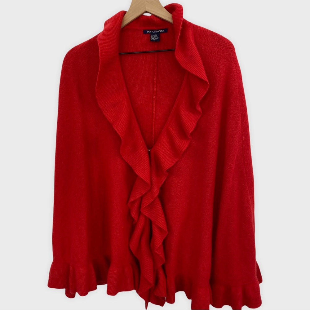 Boston Proper Super Soft Red Ruffle Knit Poncho Shawl Sweater One Size - Picture 5 of 5